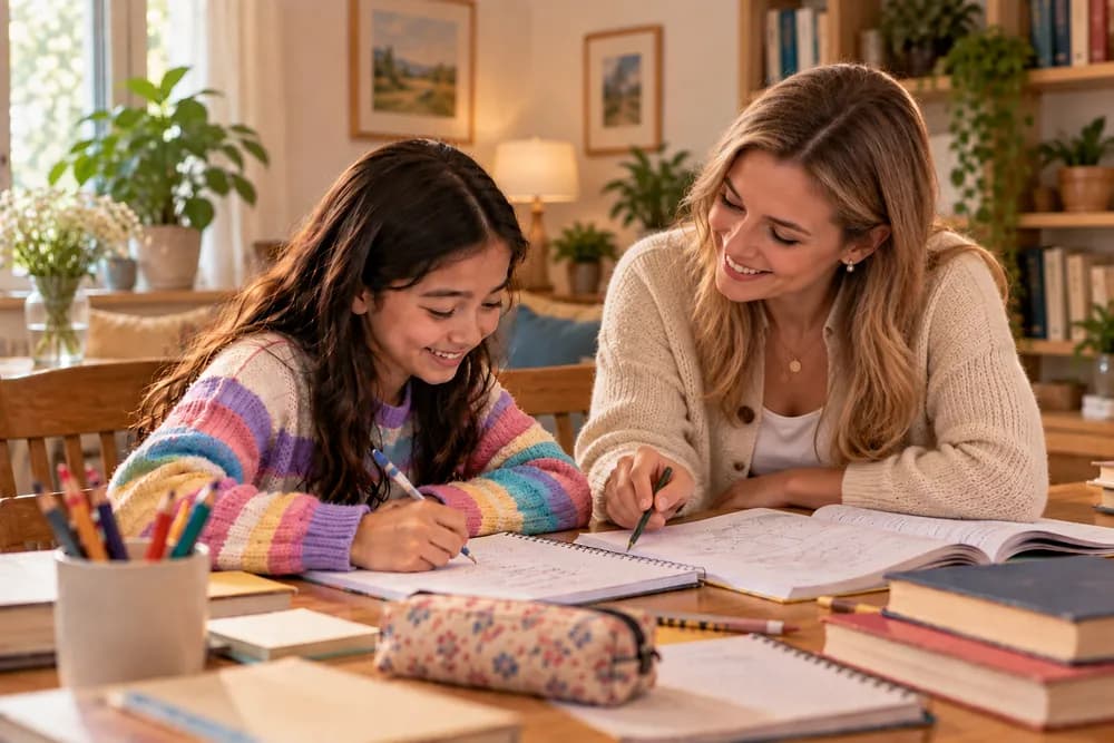 Um professor e uma aluna a estudar juntos à mesa