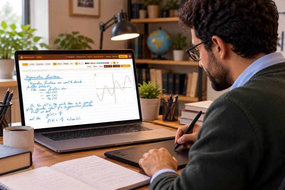 Um professor a dar uma aula de matemática online na plataforma Noktua