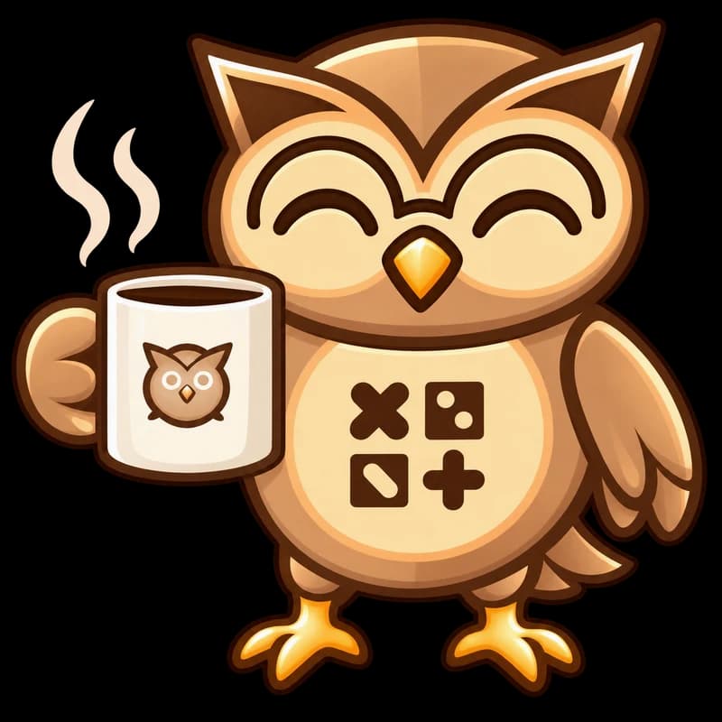 A coruja da Noktua a sorrir com uma chávena de café